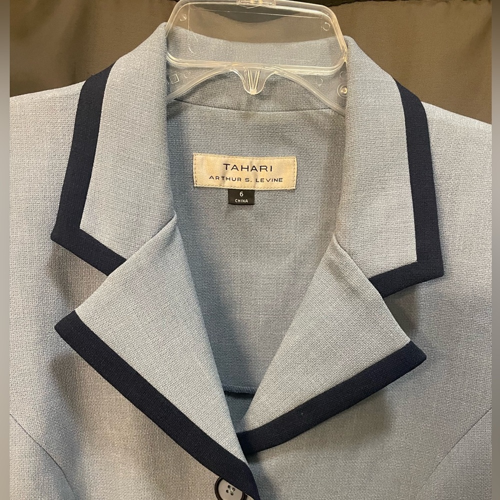 Tahari Light Blue Blazer with Navy Trim.